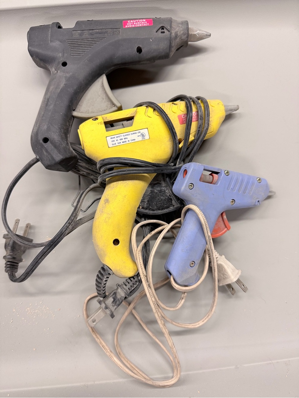 Lot of 3 Corded Hot Glue Guns - Black, Yellow & Blue